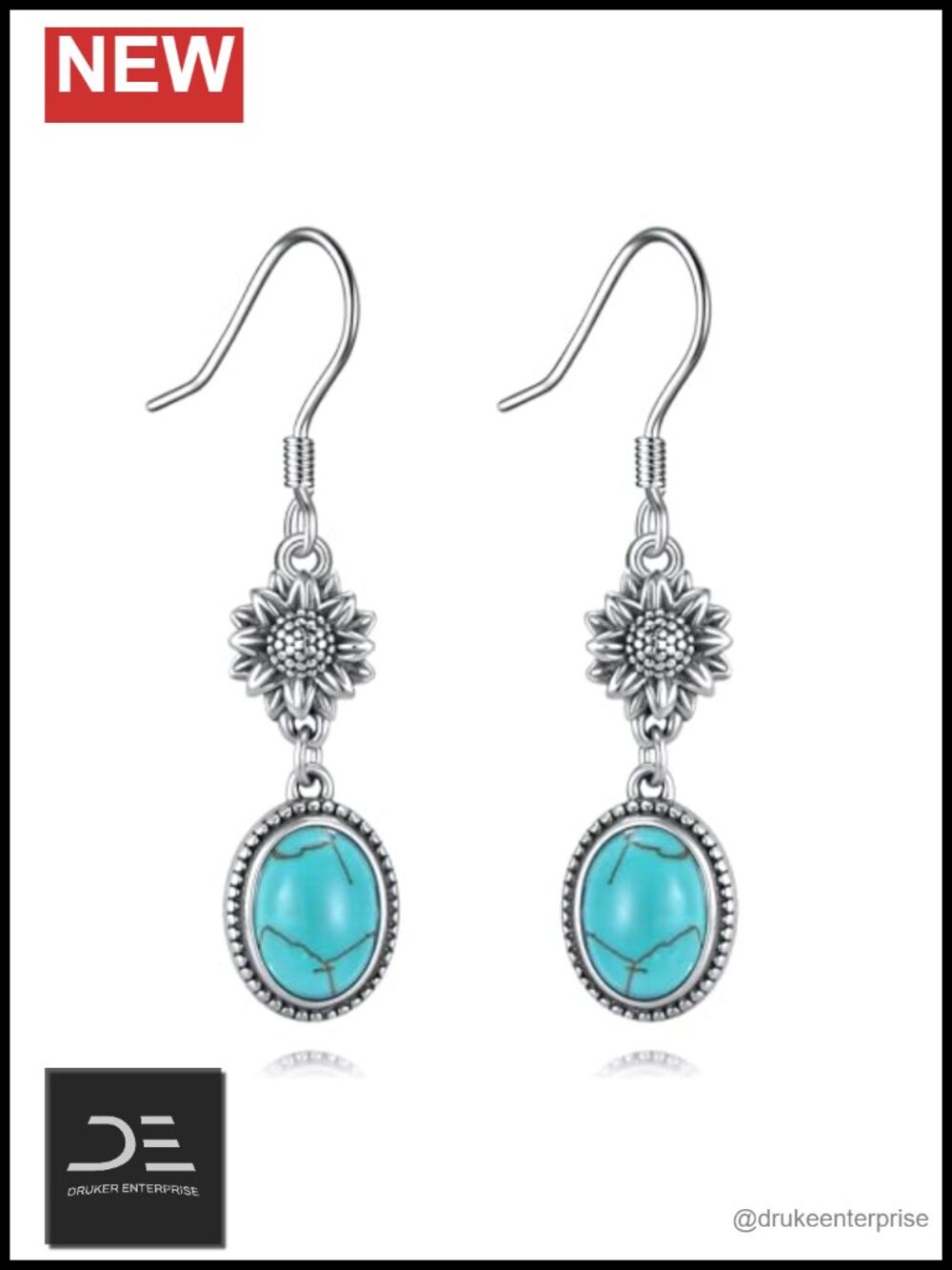 Sterling Silver Turquoise Sunflower Dangle Earrings, Boho Vintage Drop